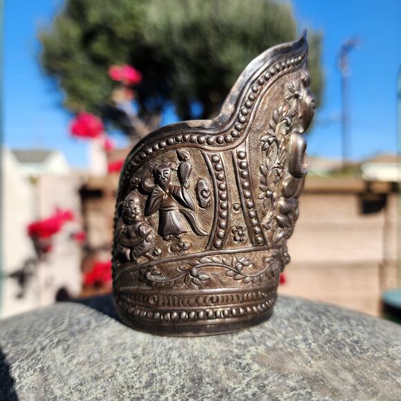 Antique Chinese Export Bracelet Sterling Silver Buddha Ornate Repousse Cuff RARE - Picture 3 of 16